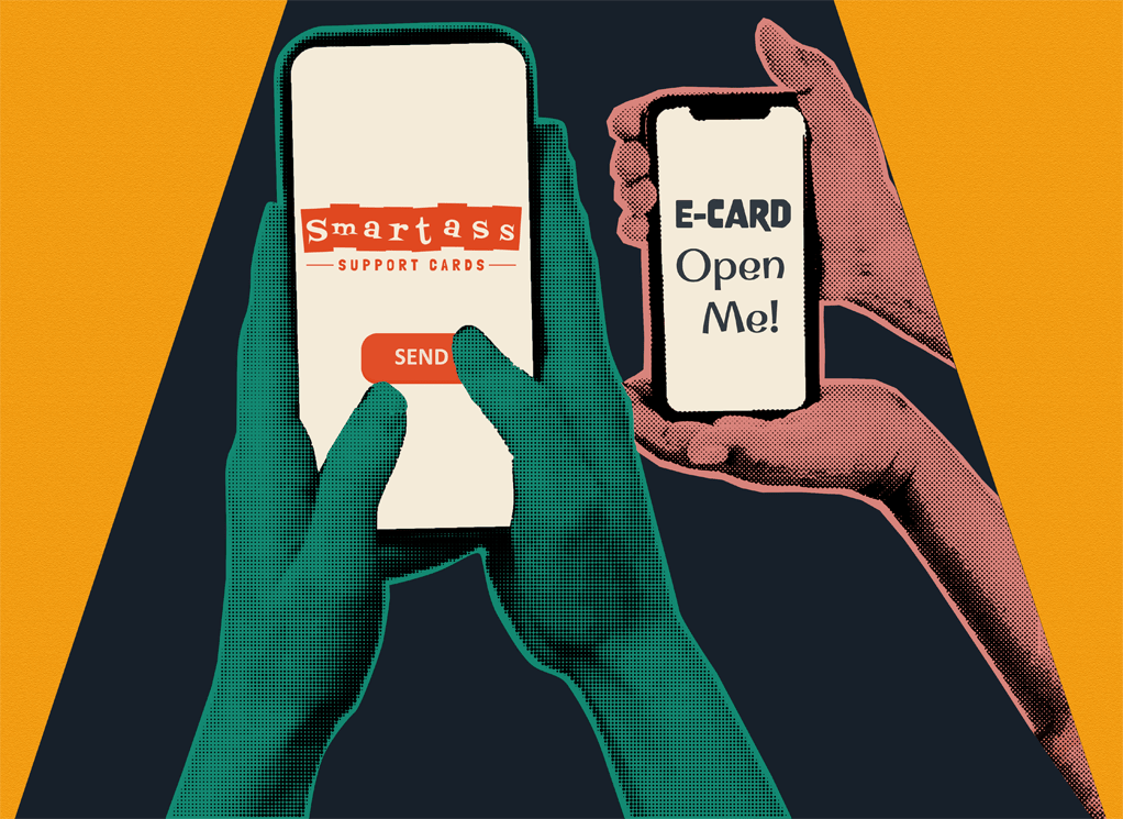 Two hands holding phones showing Smartass cards
