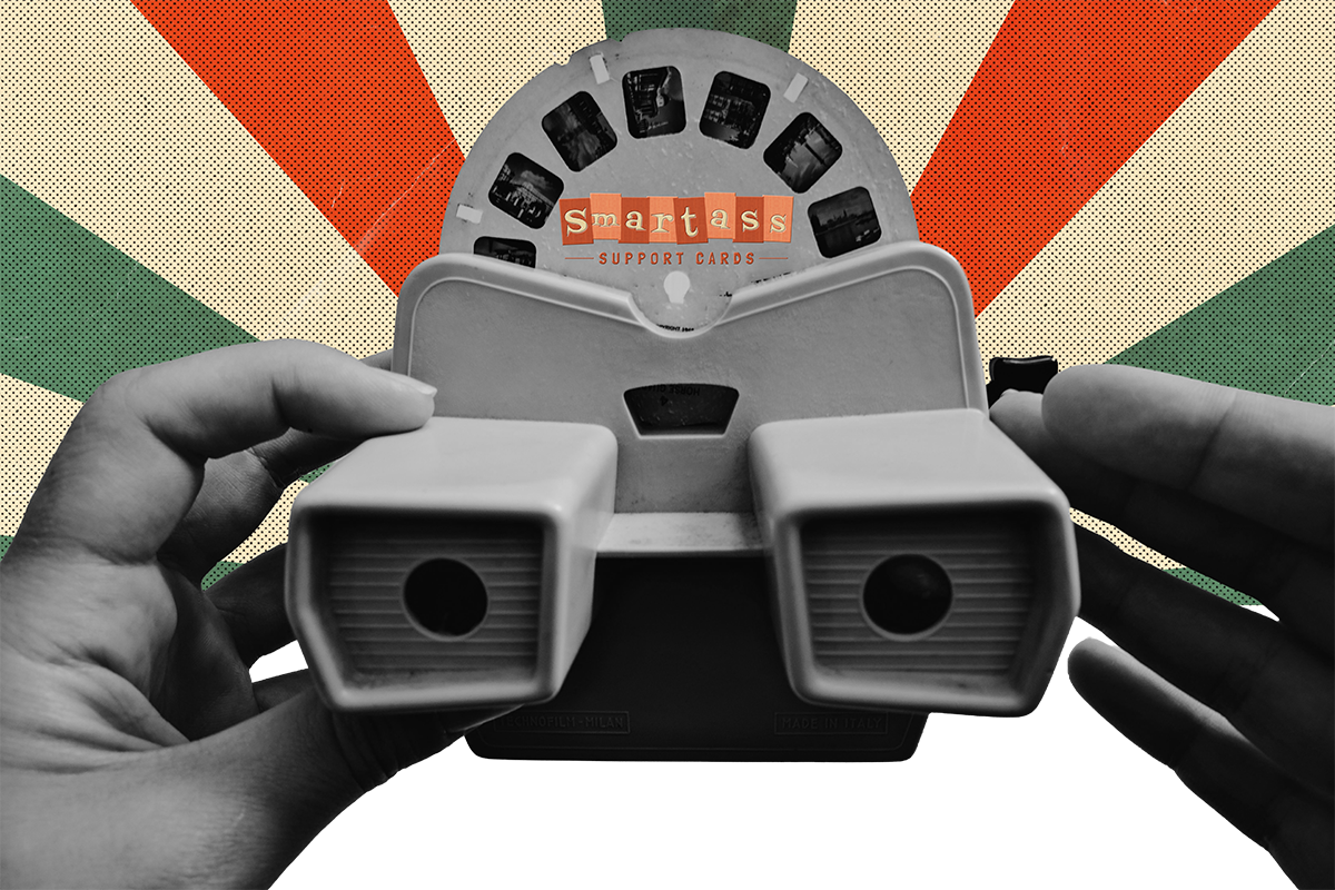 A retro View-Master loaded with Smartass Support Cards